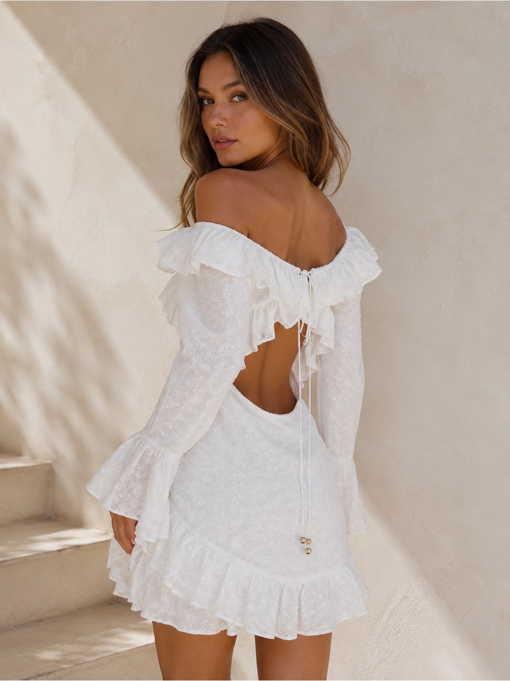 SABO LUXE White Eyelet Ruffle Mini Dress | Open Back | 100% Cotton | Size L